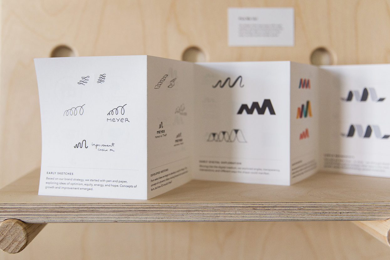 A photo of a series of sketches that were the initial ideas for the Meyer Memorial Trust logos