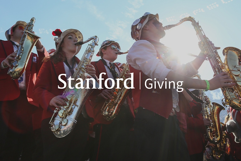 Stanford Giving logo over photo of marching band