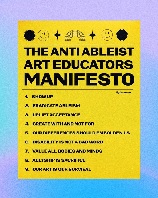 A yellow piece of paper with The Anti-Ableist Art Educators Manifesto.