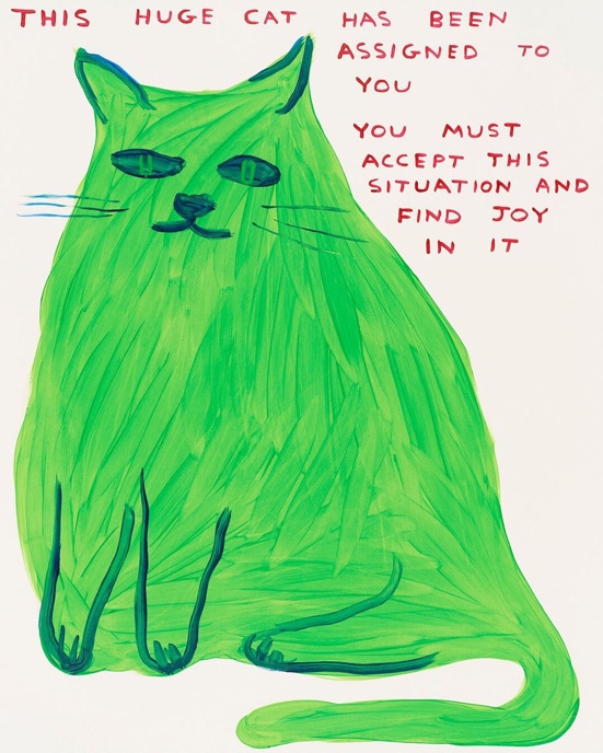 A drawing of a huge green cat.
