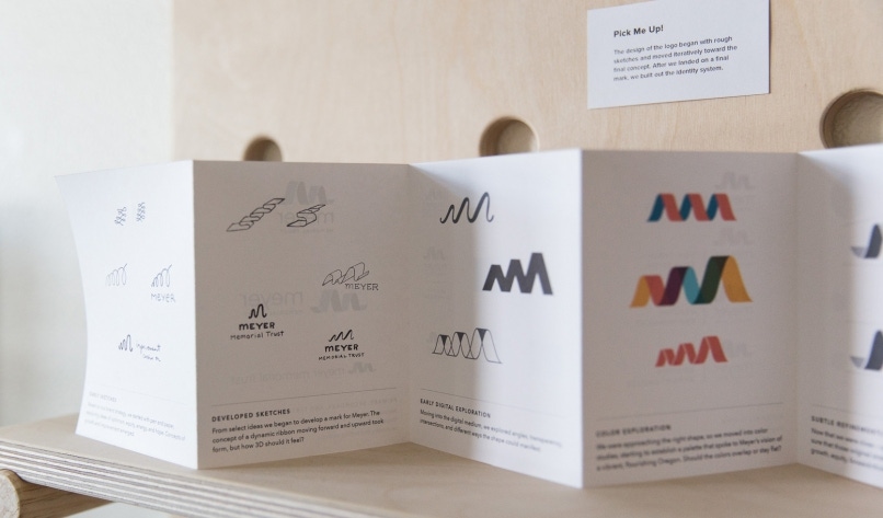 A folded card opened with Meyer Memorial Trust logo options.