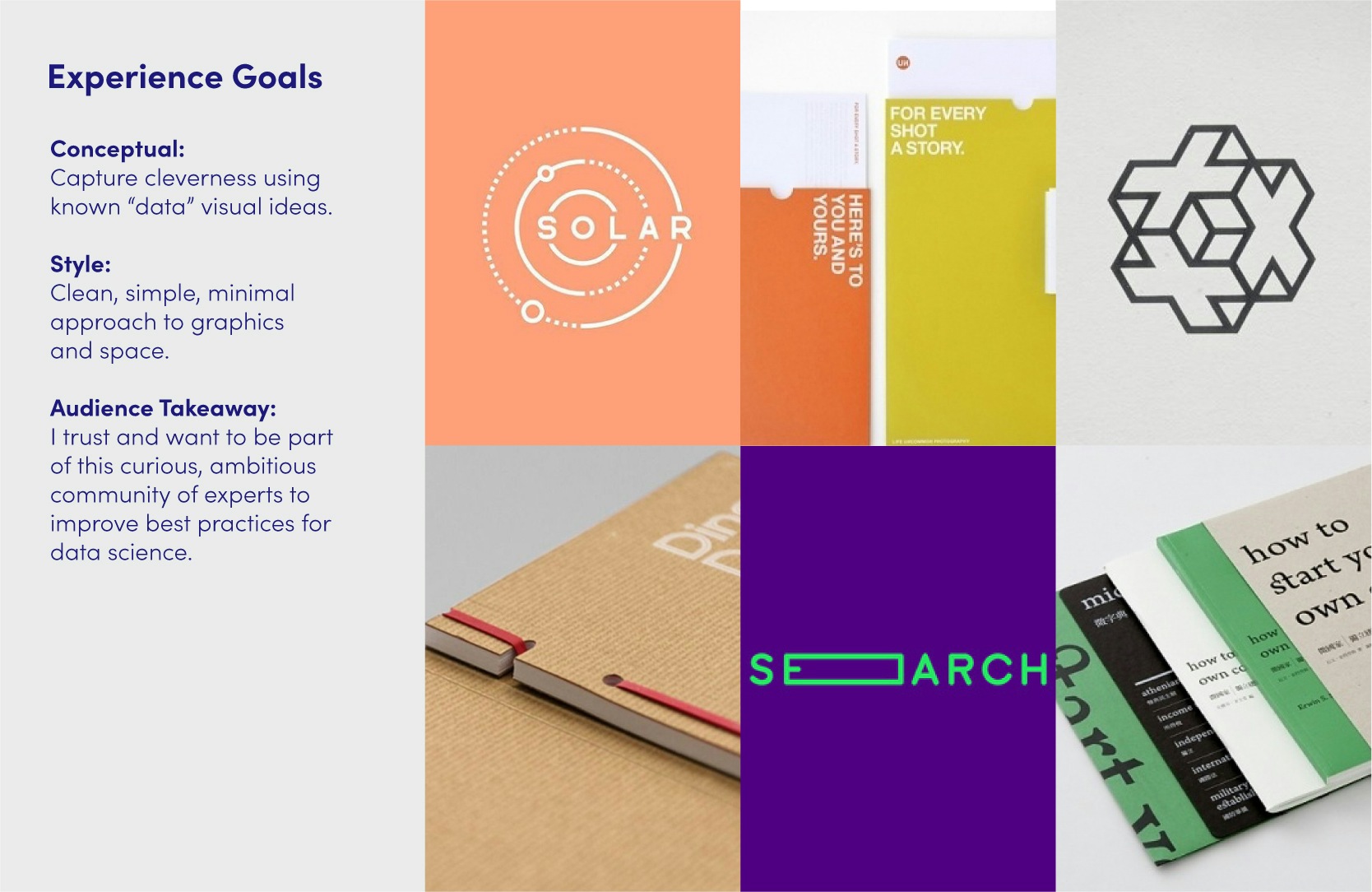 A slide entitled "Experience Goals" with various images and the topics "Conceptual," "Style," and "Audience Takeaway"
