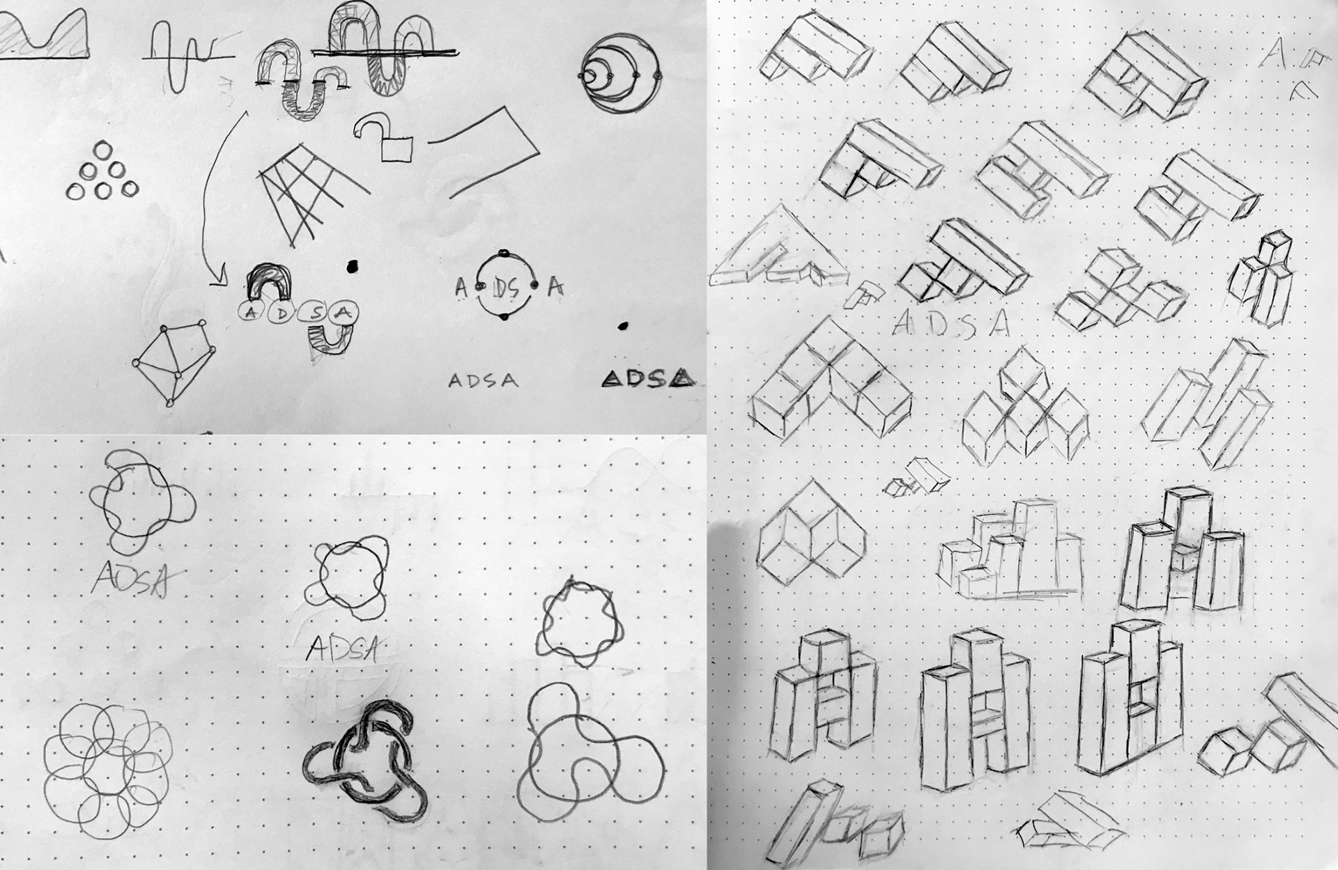 Pencil and paper sketches of initial ADSA logo designs
