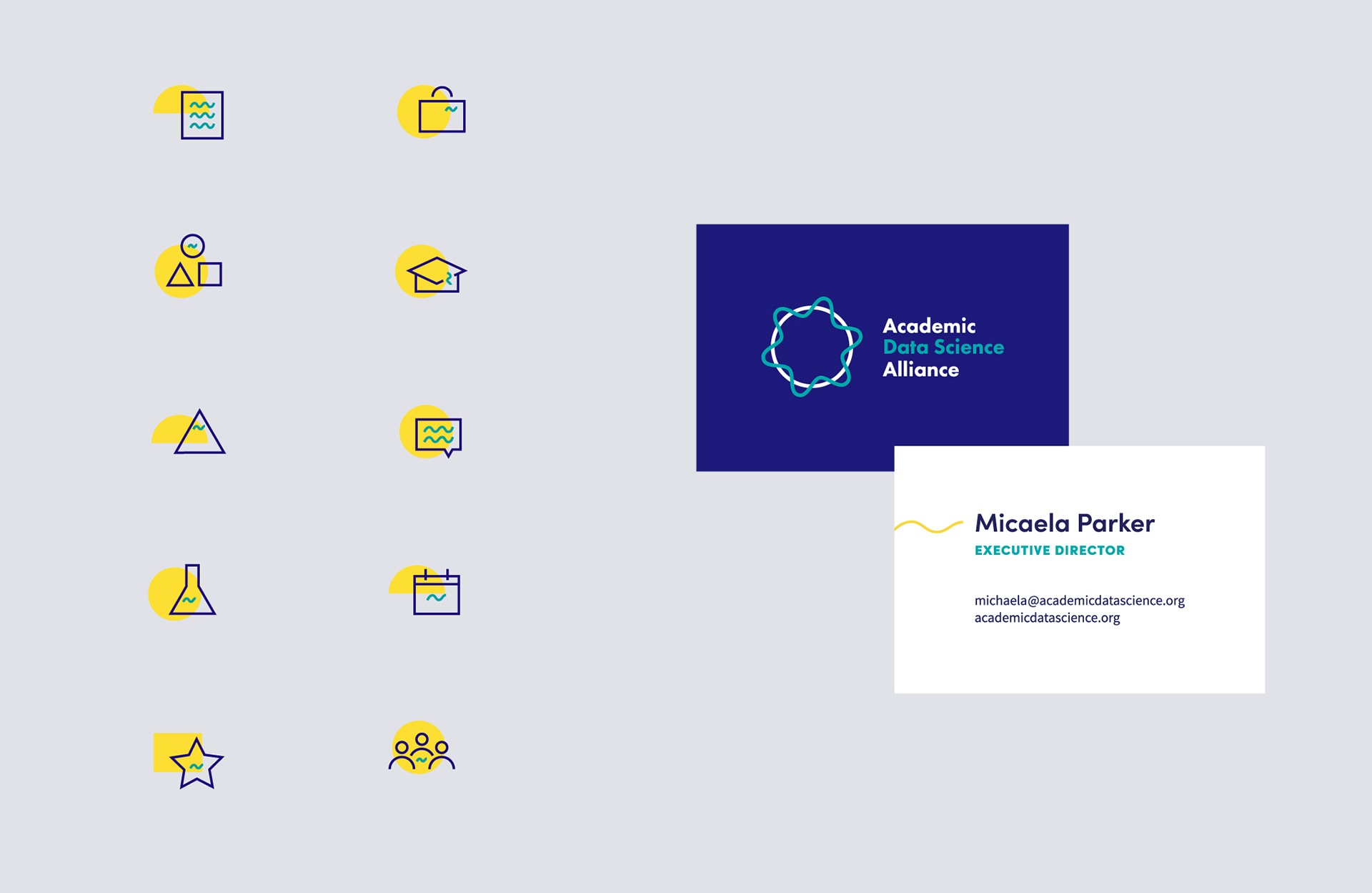 10 icon designs for use on the website and a rendering of the front and back of a business card
