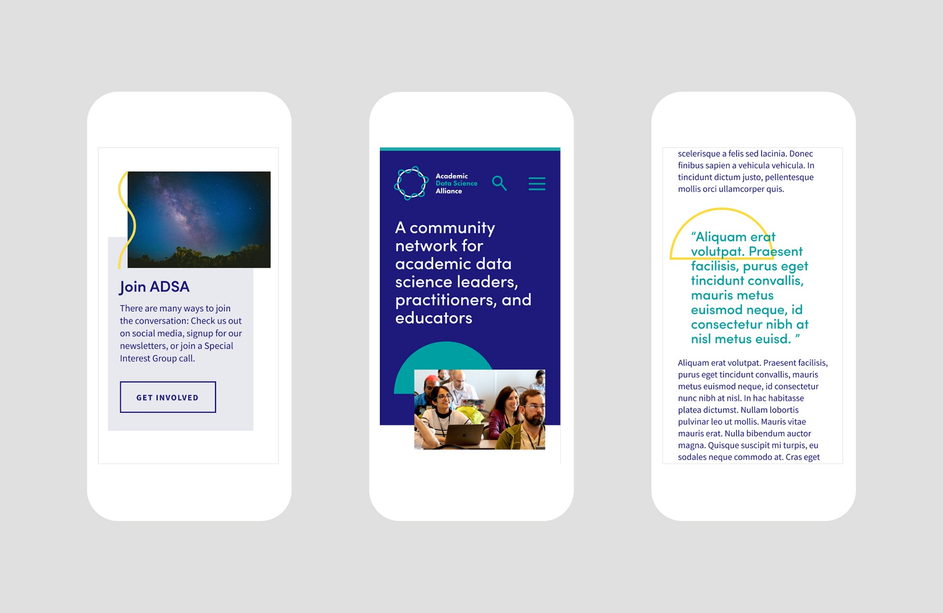 3 different screenshots of the ADSA website on mobile