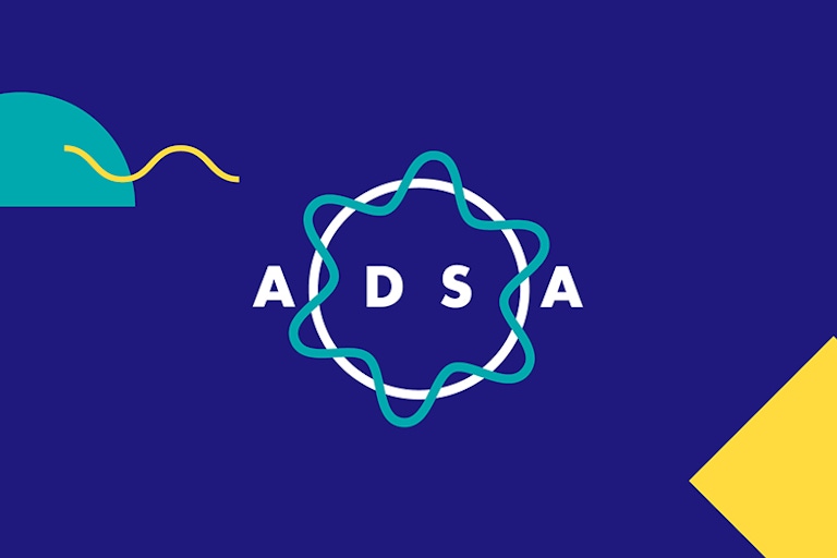 The Academic Data Science Alliance (ADSA) logo on a background of branded colors and shapes