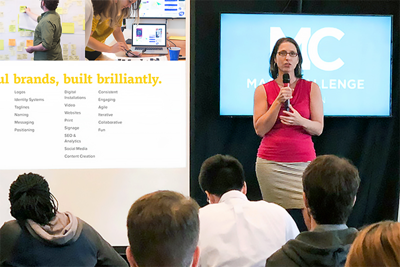 Talie Smith speaking at a conference. 