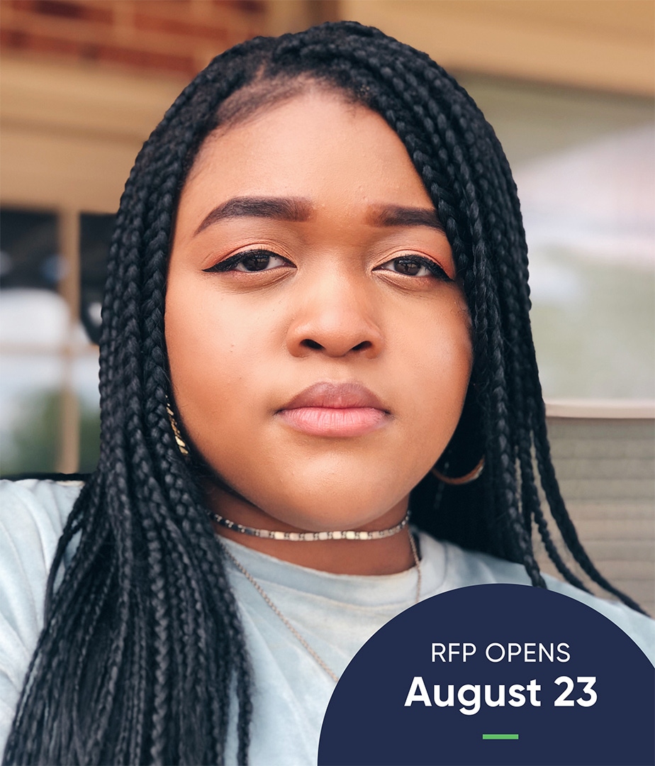 A marketing messaging template, featuring the image of a Black woman and copy about RFP dates