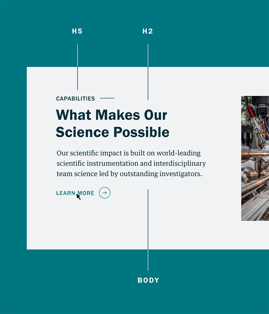Screenshot of a Call to Action block showing the fonts in heading levels 2 and 5 and in body copy