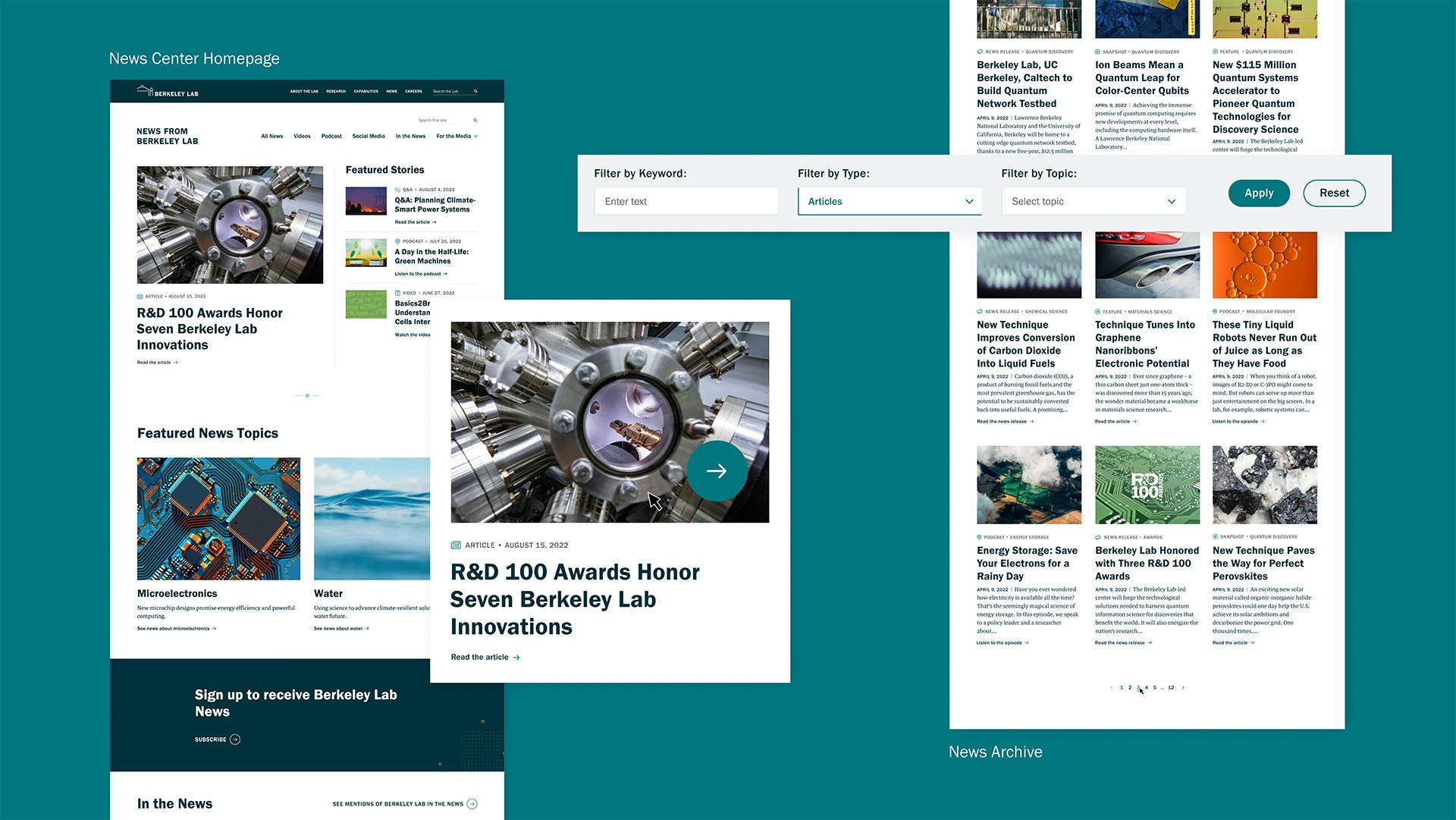 A design canvas showing many the news center web components build for the new Berkeley Lab design system.