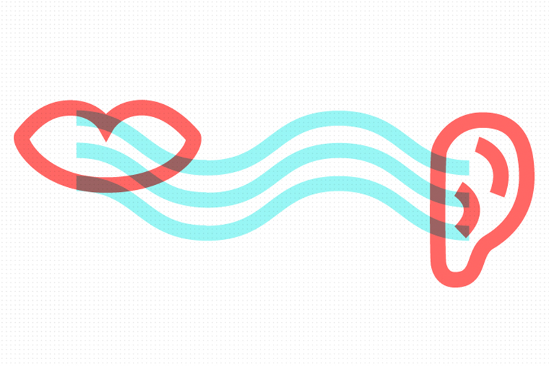 Graphic of a soundwaves coming from a mouth into an ear.