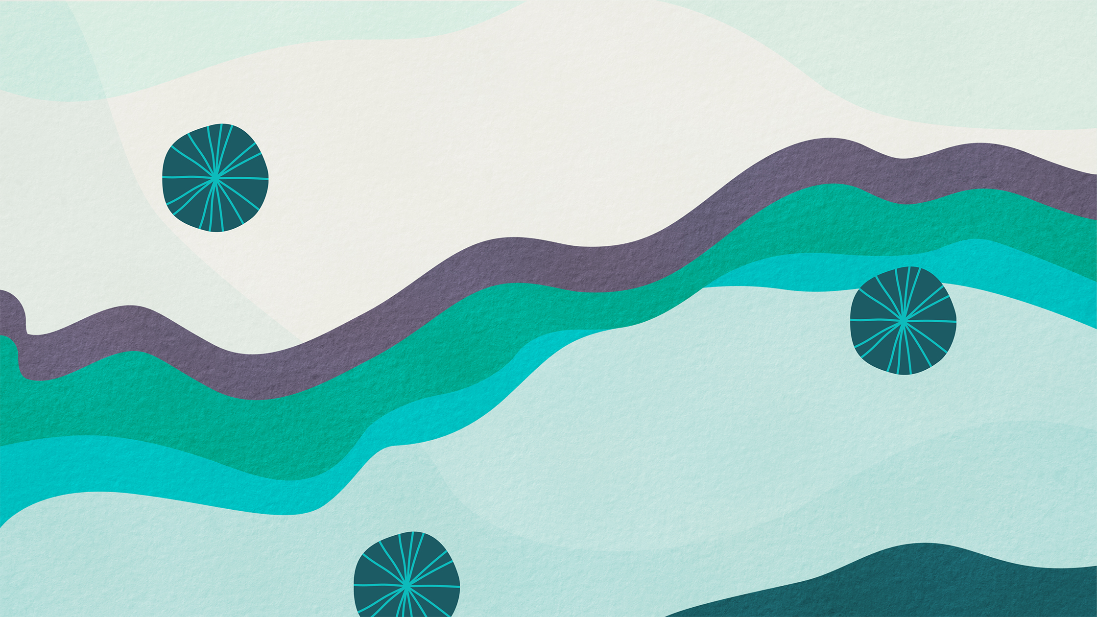 Themed design for s.h.i.f.t. presentation report. Abstract, wavy and circular shapes in greens and purple.