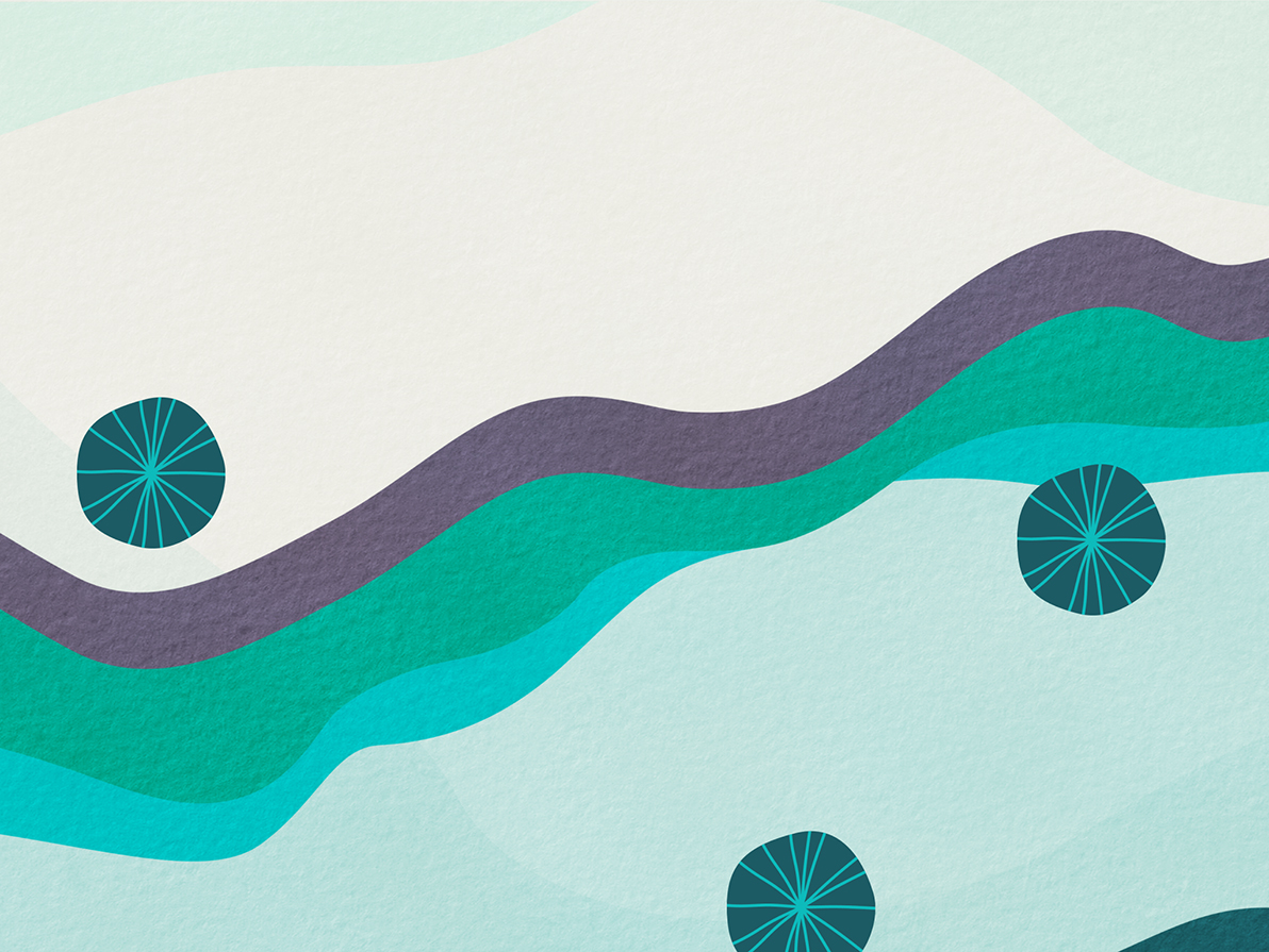 Themed design for s.h.i.f.t. presentation report. Abstract, wavy and circular shapes in greens and purple.