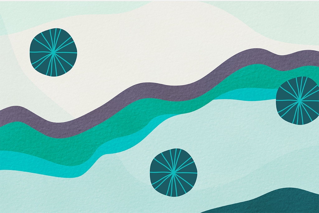 Themed design for s.h.i.f.t. presentation report. Abstract, wavy and circular shapes in greens and purple.