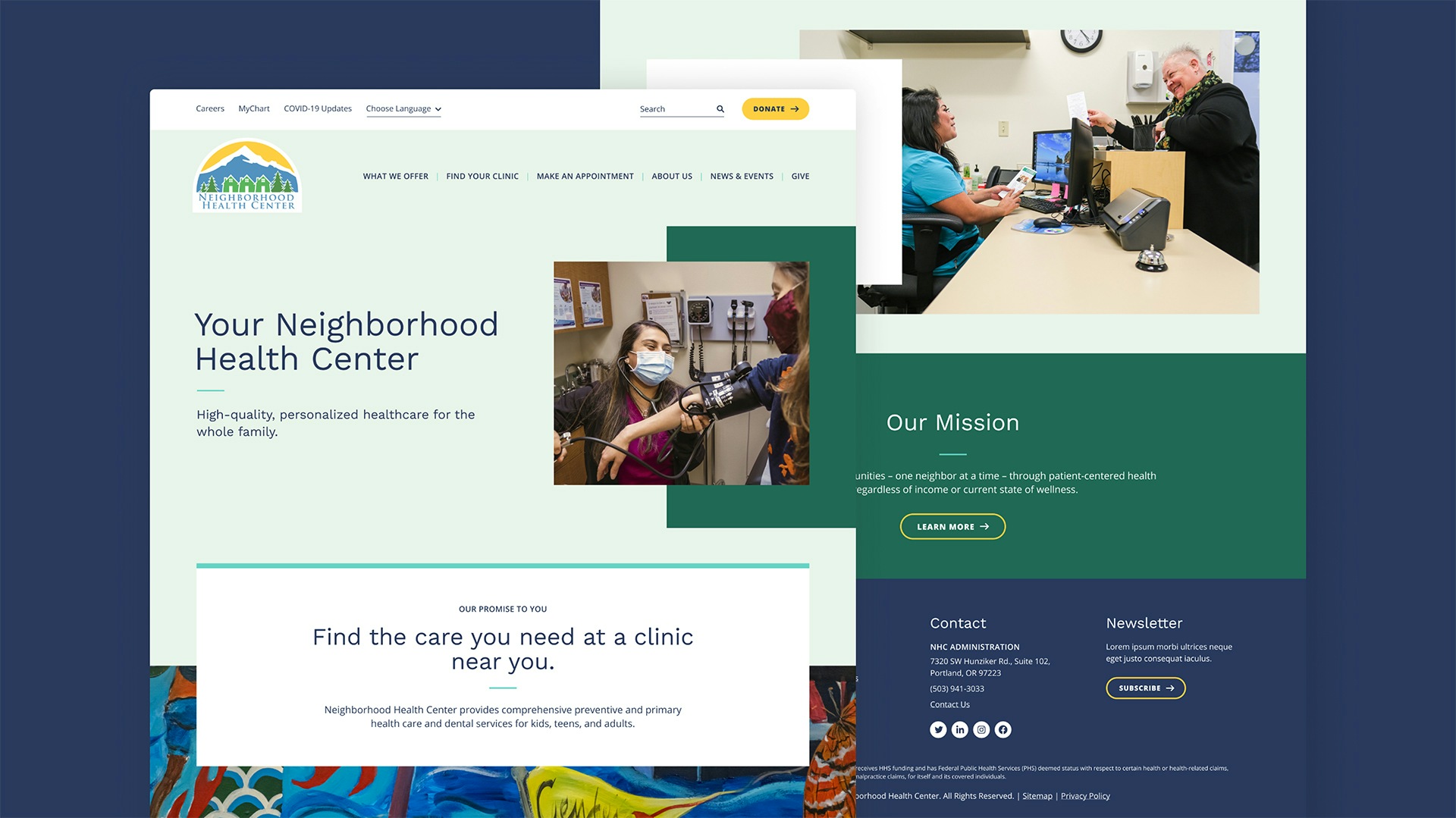 Screenshot of Neighborhood Health Center website pages providing health care needs.