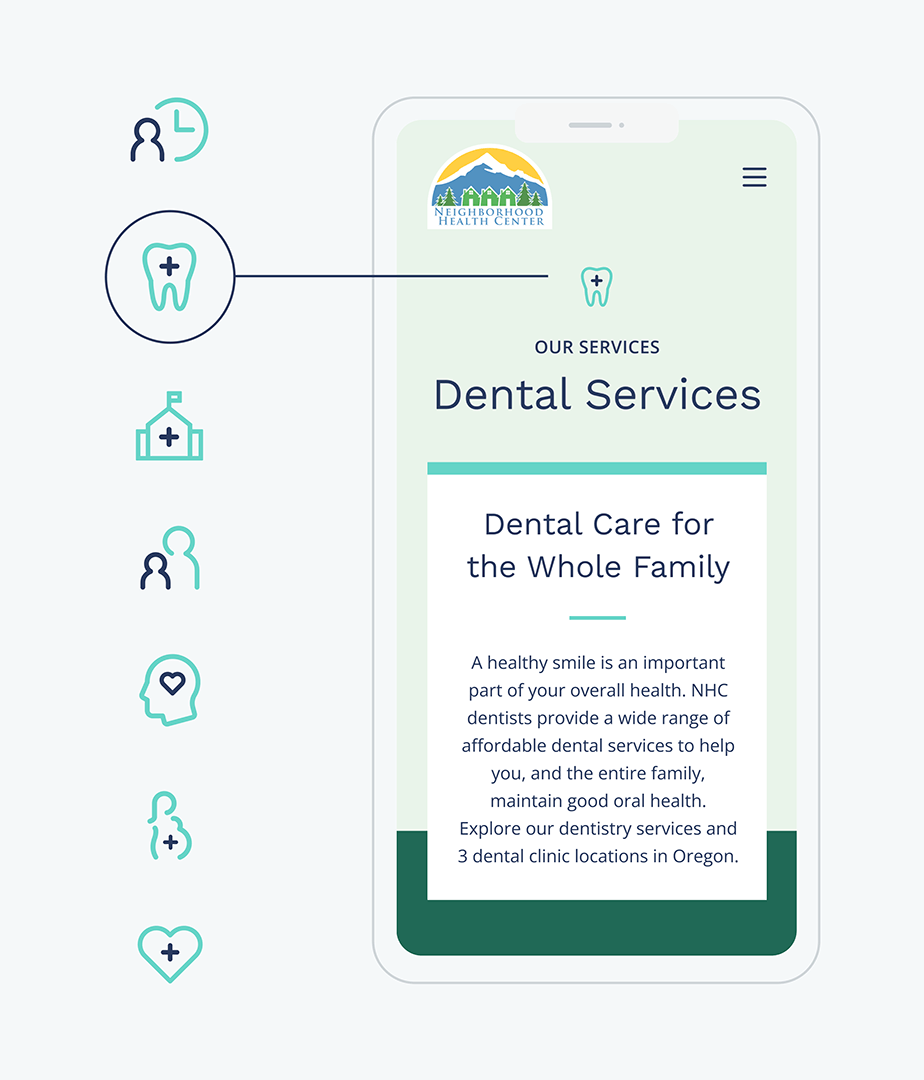 Neighborhood Health Center graphic of website on mobile with icons.