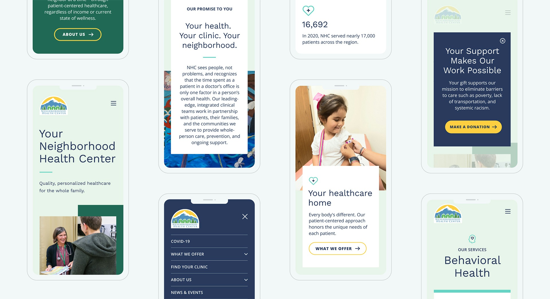 Screenshots of the Neighborhood Health Center website on mobile.