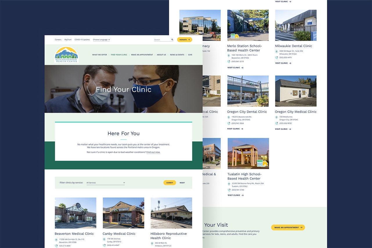 Screenshots of design elements of the Neighborhood Health Center website.