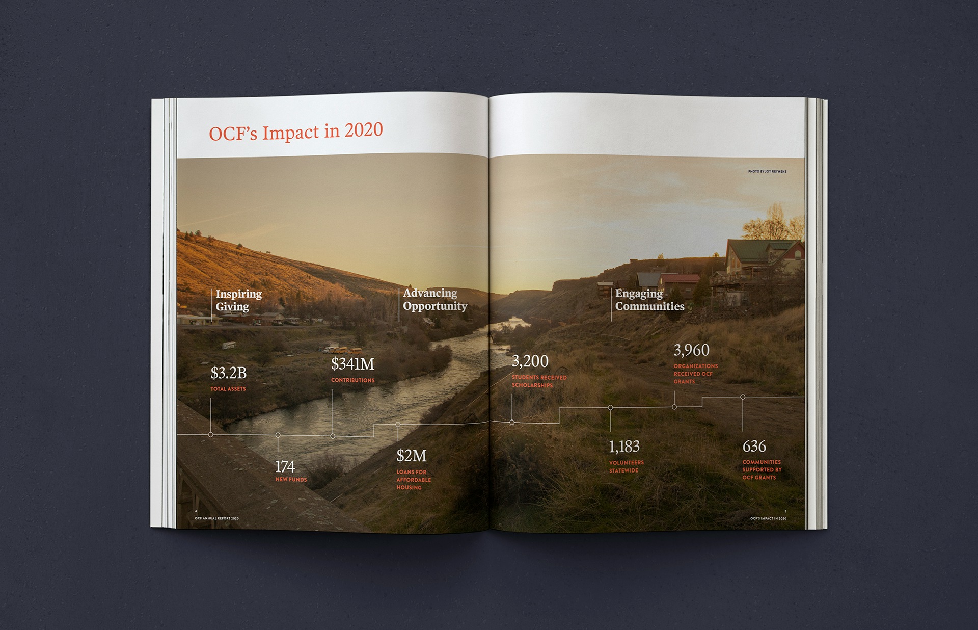 A spread showing the use of the visual "thread" timeline to connect major milestones and moments in 2020