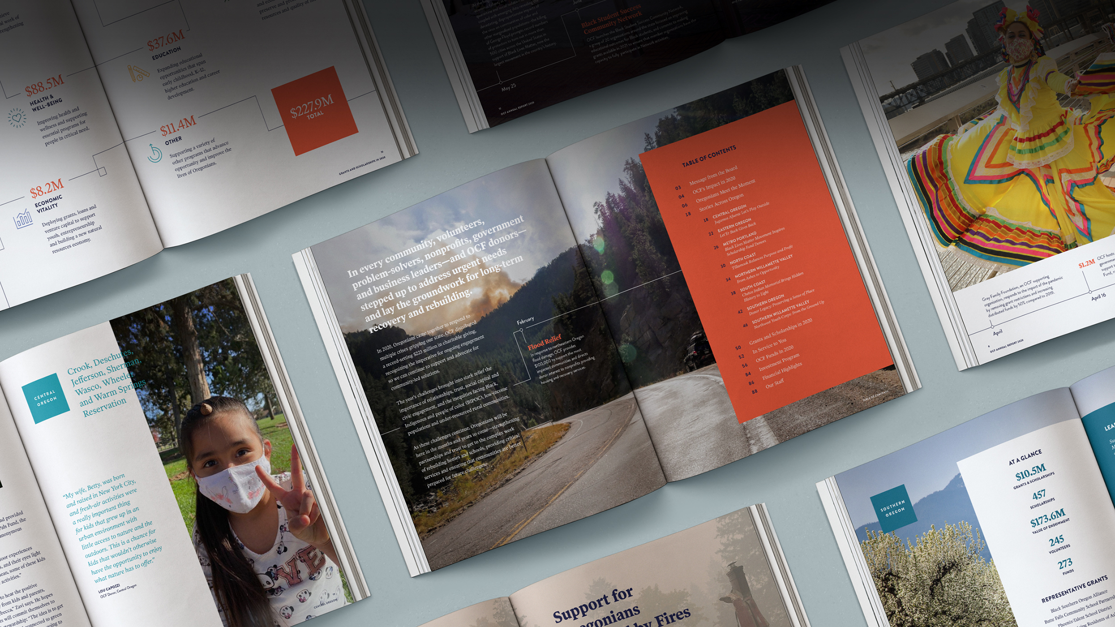 Collage of full page spreads from the 2020 OCF Annual Report