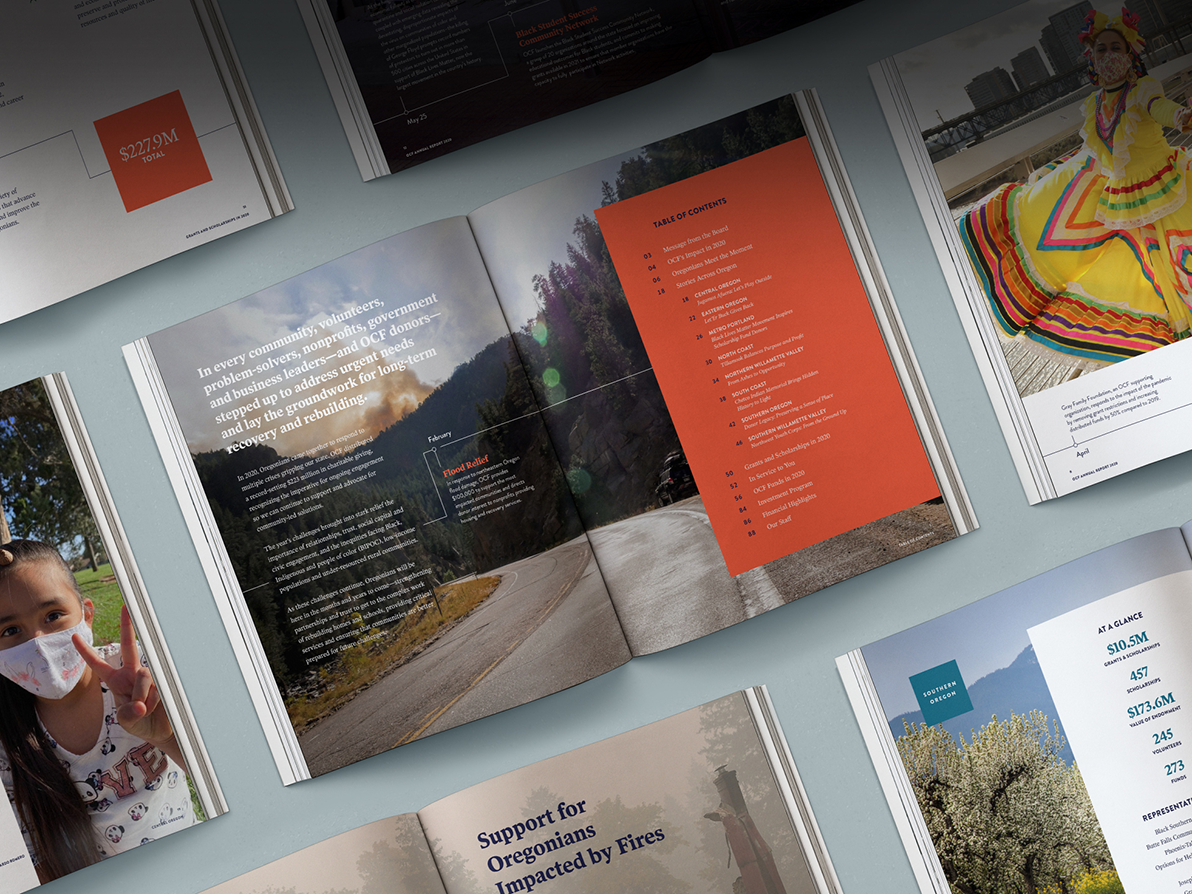 Collage of full page spreads from the 2020 OCF Annual Report