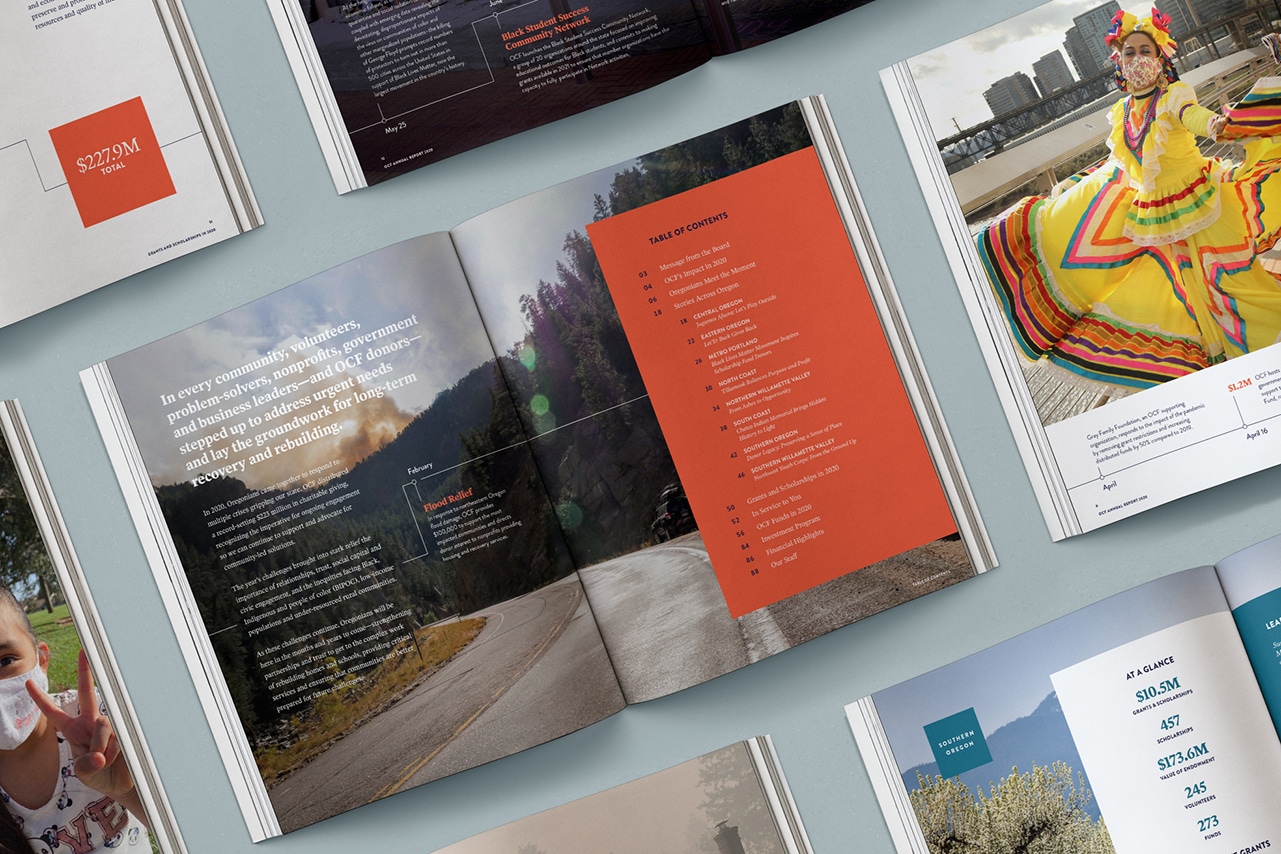 Collage of full page spreads from the 2020 OCF Annual Report