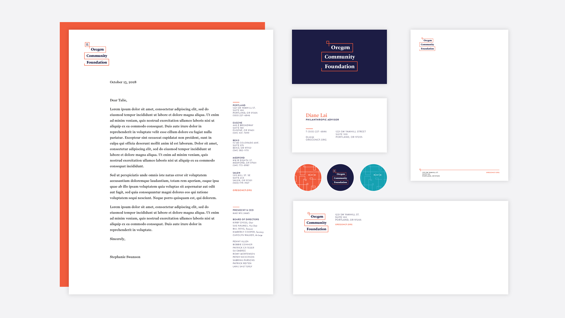 Sample of Oregon Community Foundation letterhead, business card, stationary, envelopes