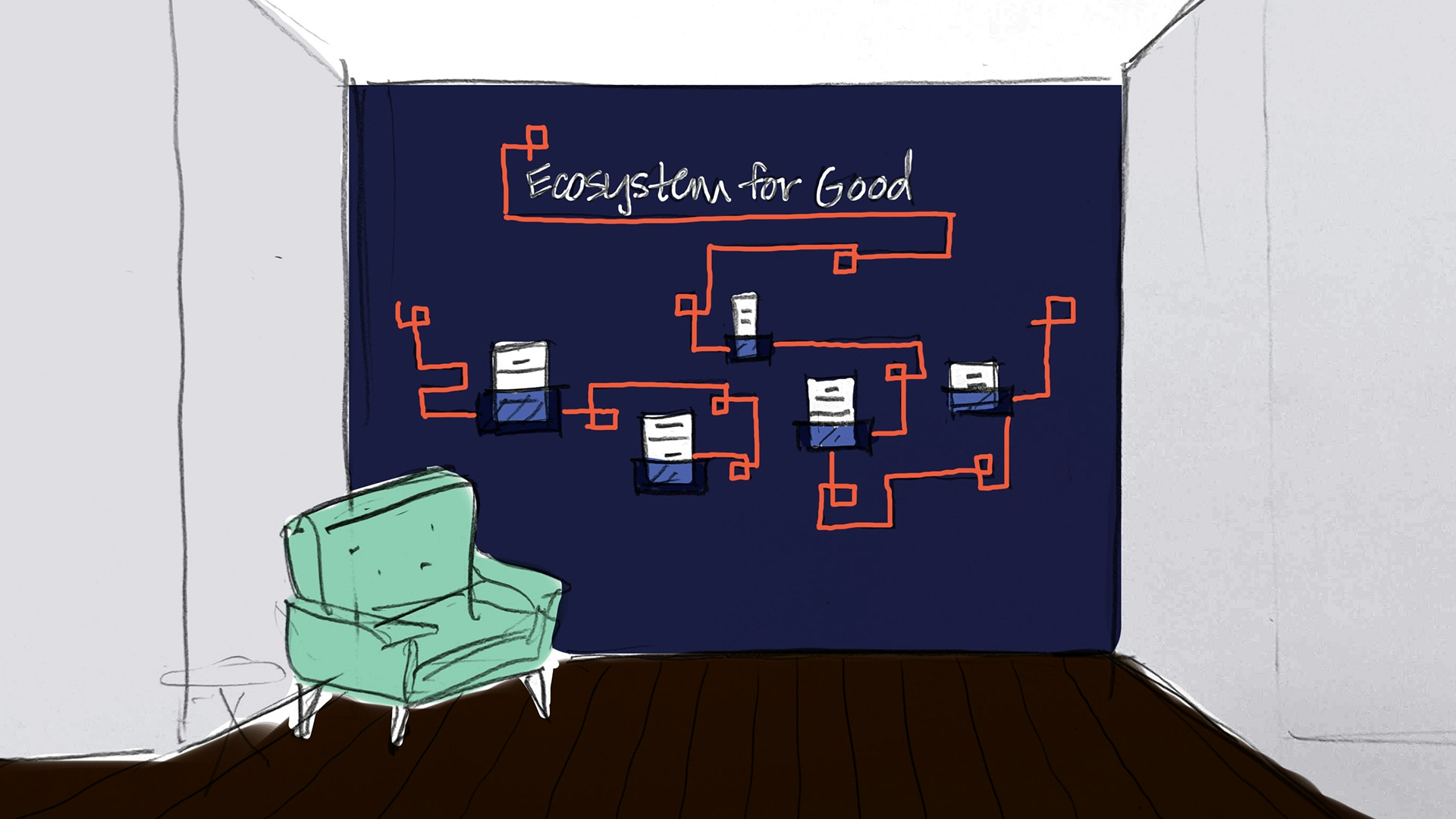 Drawing of wall with graphic in Oregon Community Foundation office