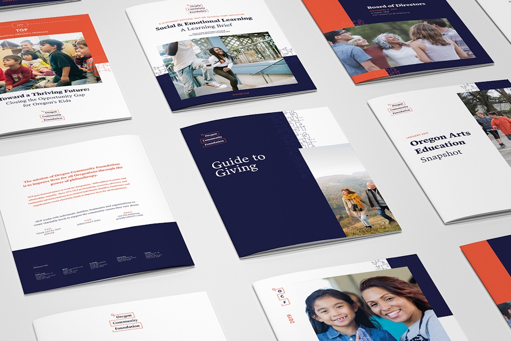 Various covers and back pages of OCF annual reports across the years