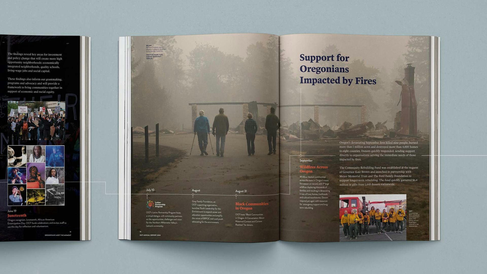 The final full spread image, showing numbers and milestones relating to the wildfires of 2020