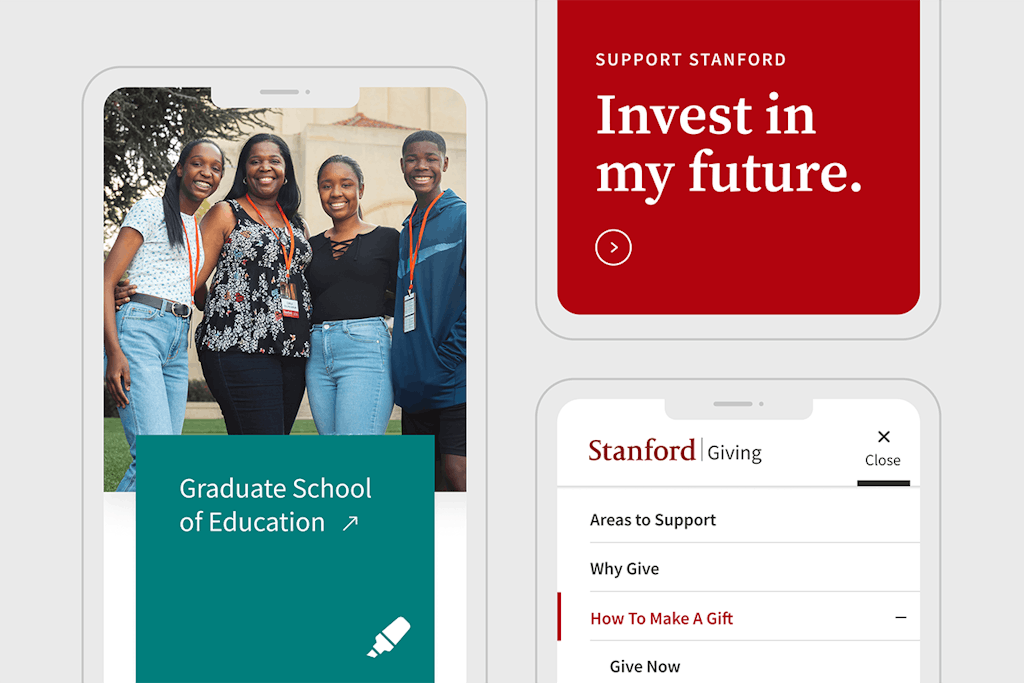 Collage of mobile experience for Stanford Giving site