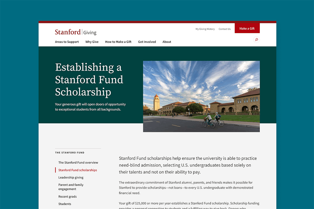 Landing page hero design for Stanford Giving desktop site