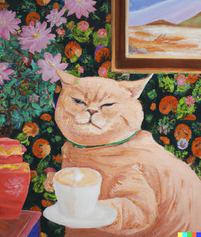 A painting of a cat scowling and holding a coffee cup. 