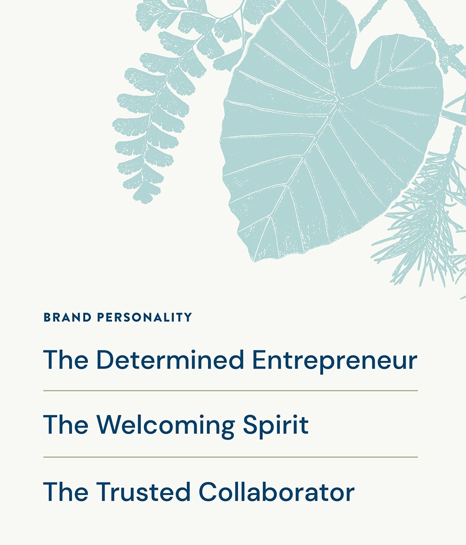 Graphic of brand personality, determined entrepreneur, welcoming spirit and trusted collaborator.