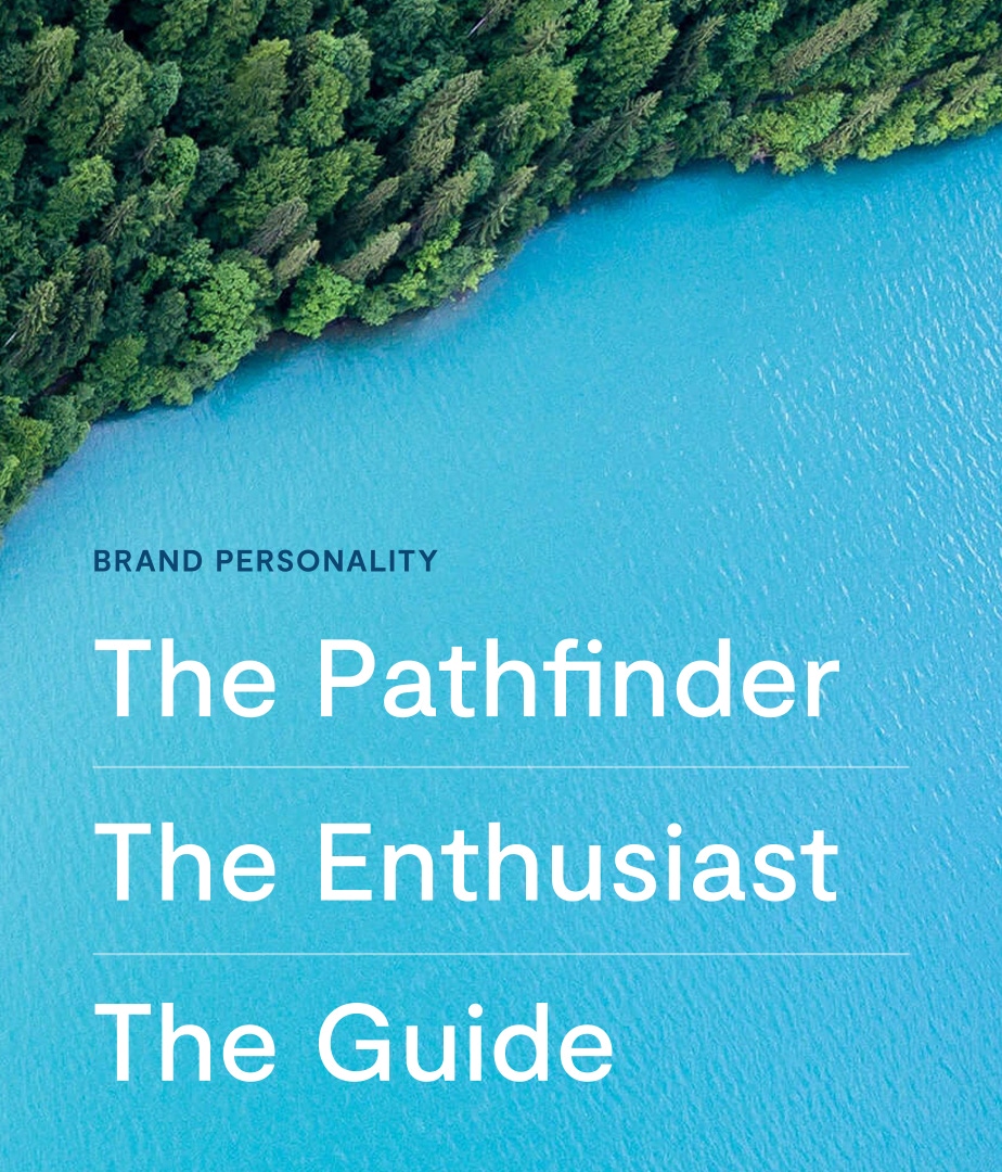 A background of blue water lined by a green forest with the Third Nature brand personalities defined as "The Pathfinder," "The Enthusiast," and "The Guide"