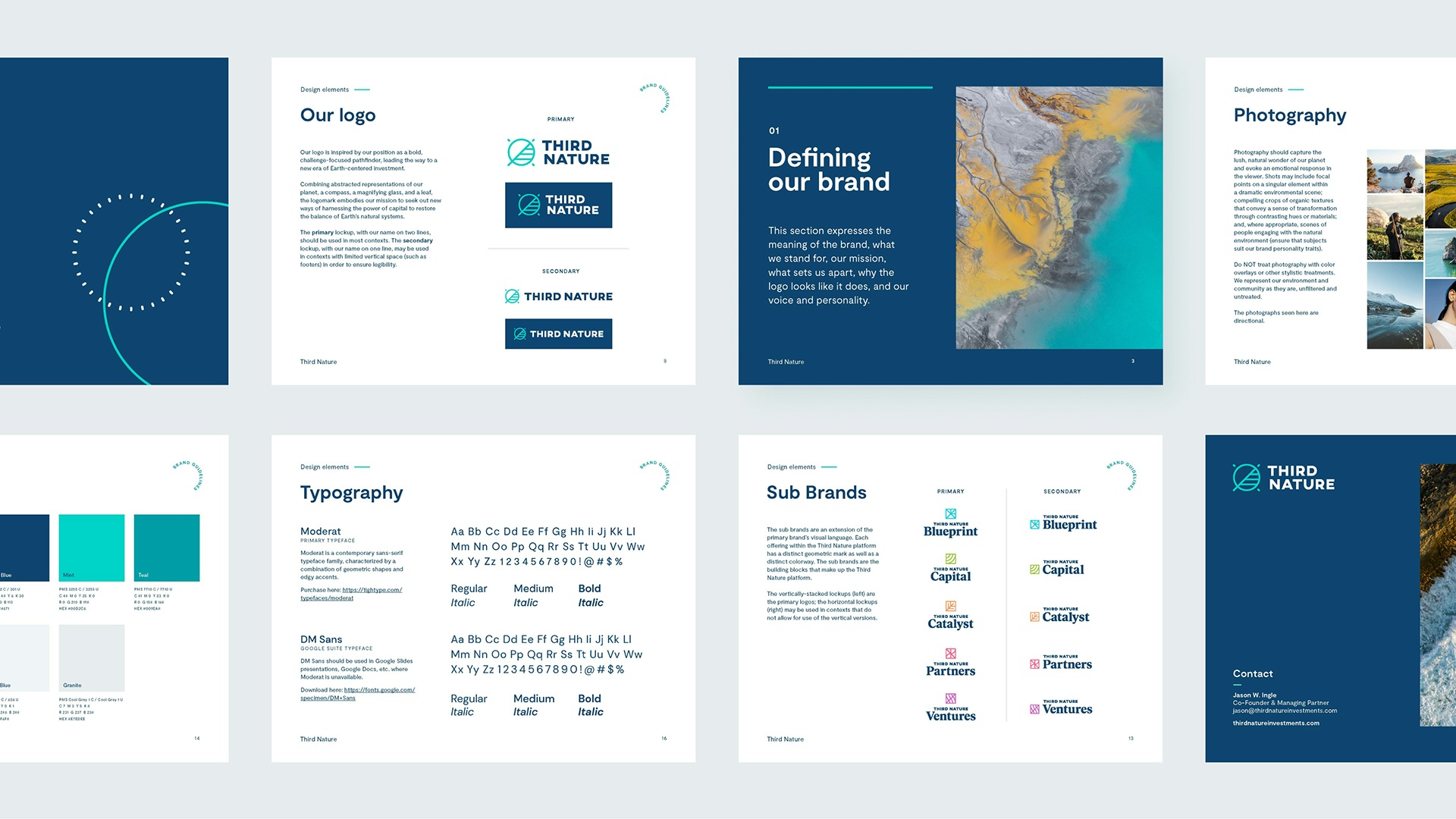Screenshots from the Third Nature Investments brand guide, including typography, subrands, and photography.
