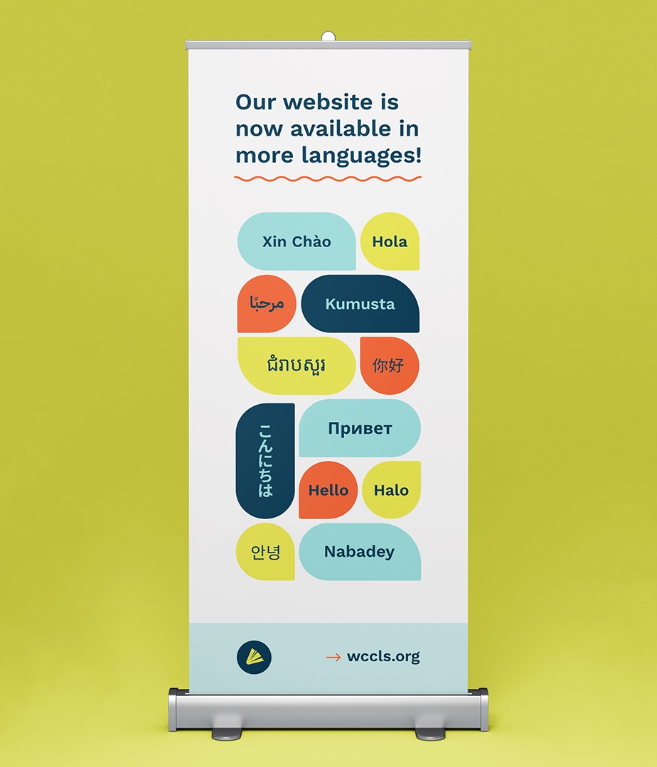 Banner design to inform patrons that the WCCLS website is now available in many languages