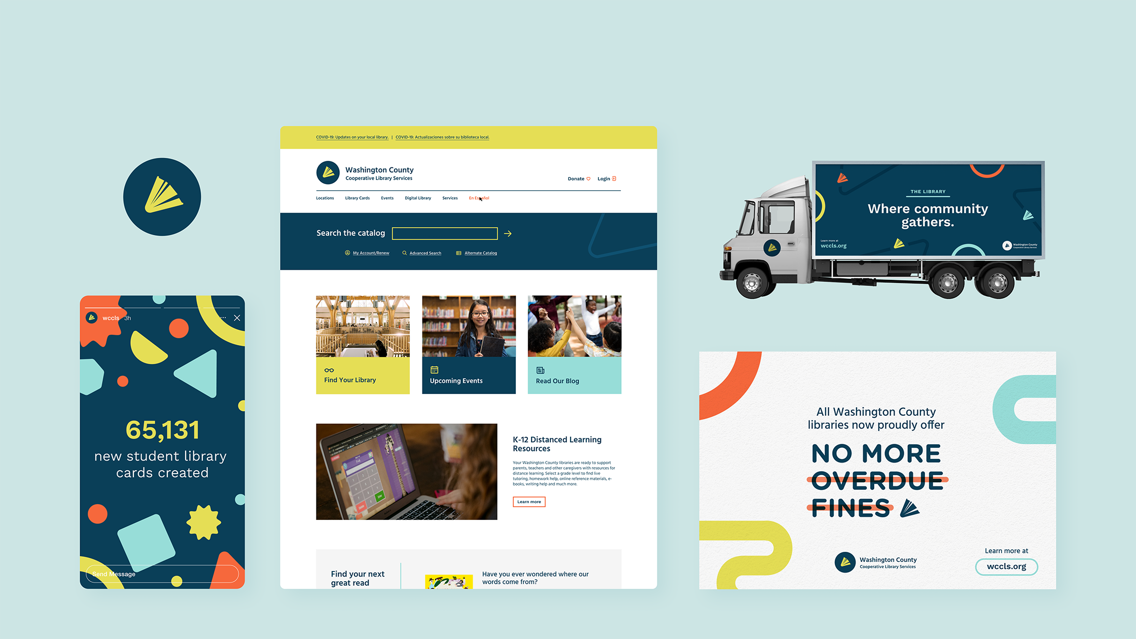 Collage of multiple pieces of branded materials for WCCLS, including truck wraps, website homepage design, digital messaging templates, and library card design