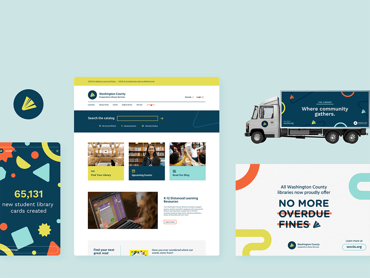 Collage of multiple pieces of branded materials for WCCLS, including truck wraps, website homepage design, digital messaging templates, and library card design