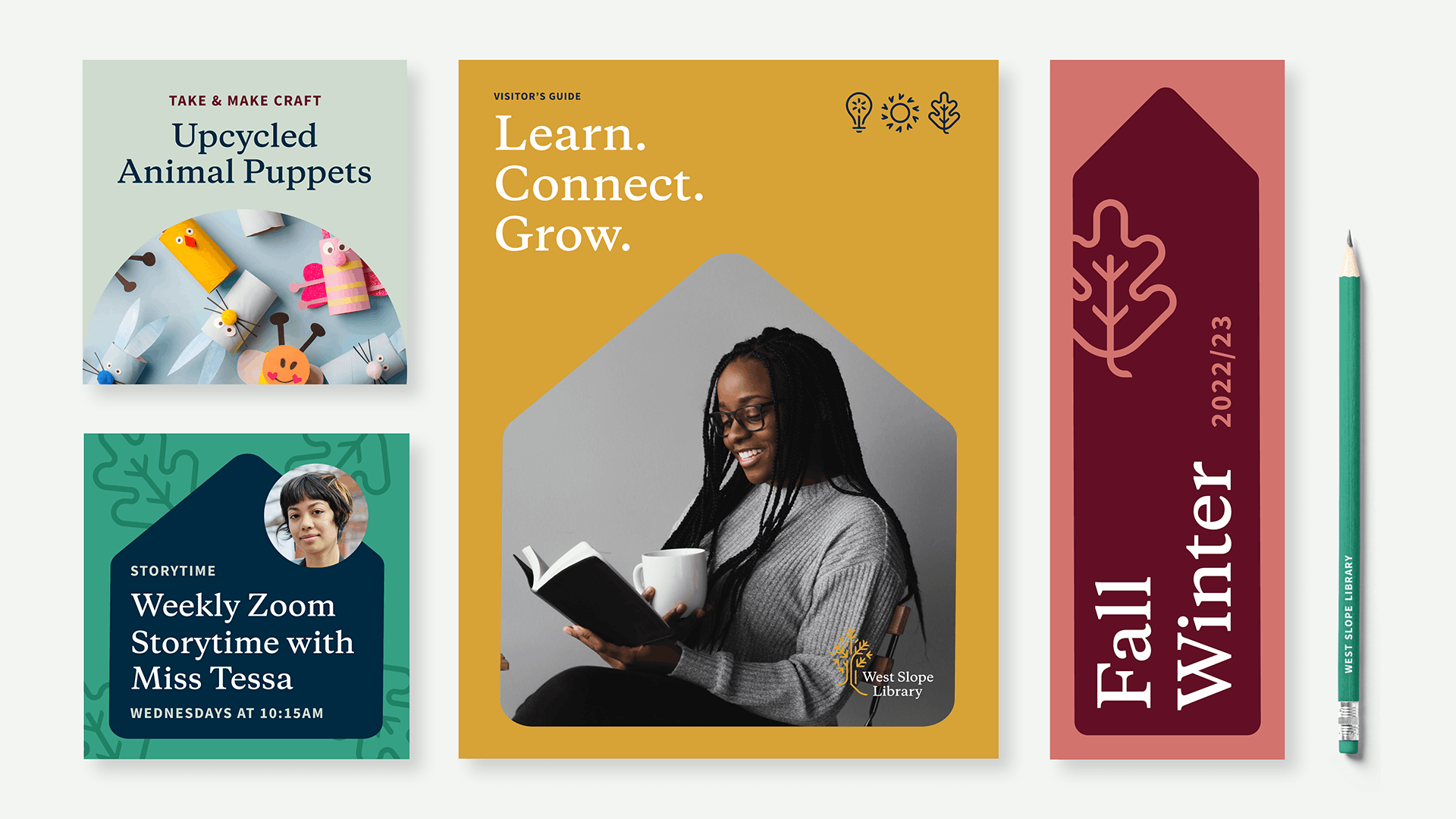 Collage of various branded marketing materials, including booklet covers, pencils, social media templates, and bookmarks