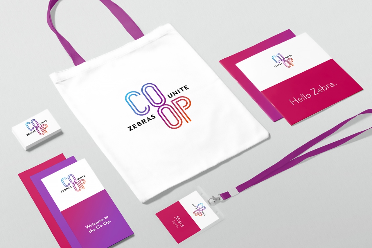 A collection of branded marketing materials: tote bag, name tags, brochures, business cards, and booklet designs