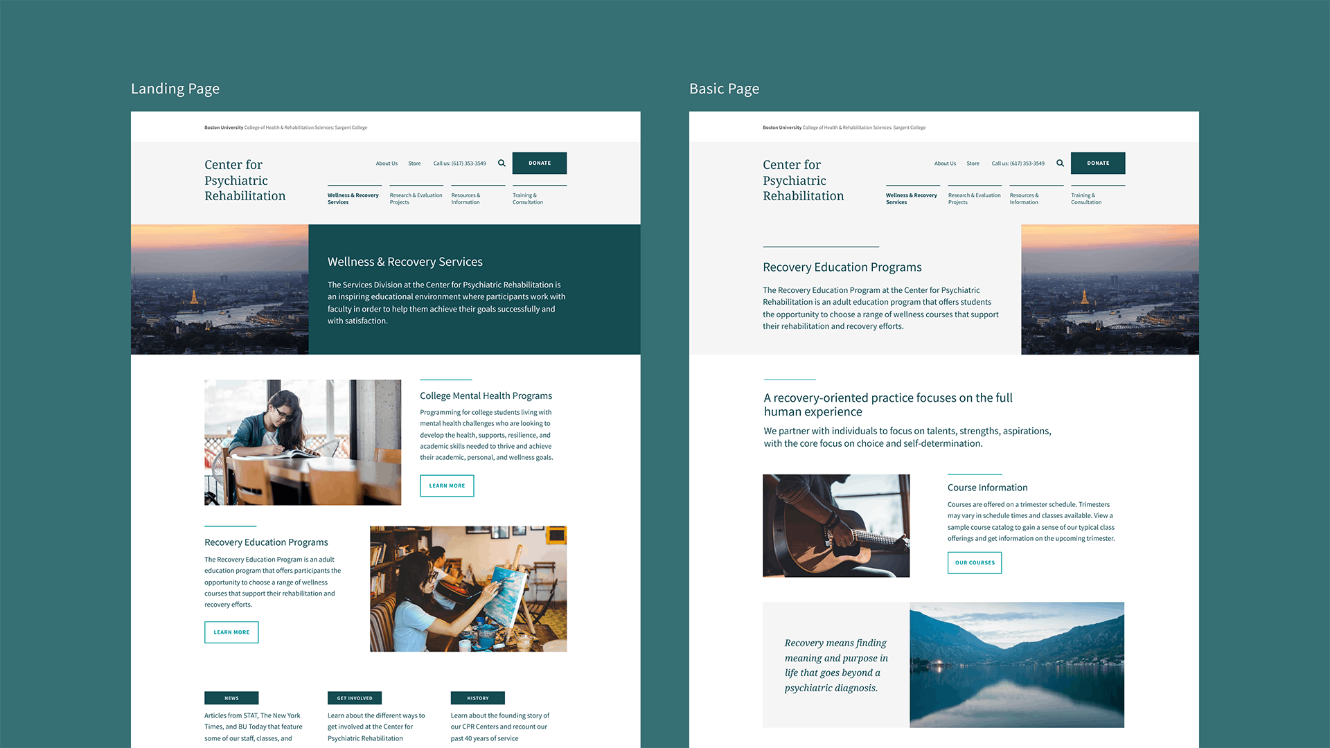 An example of a landing page next to a basic tertiary page.