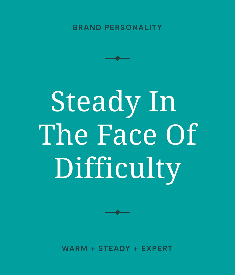 Large text reads "Steady in the face of difficulty" which represents the brand personality that drove the website design.