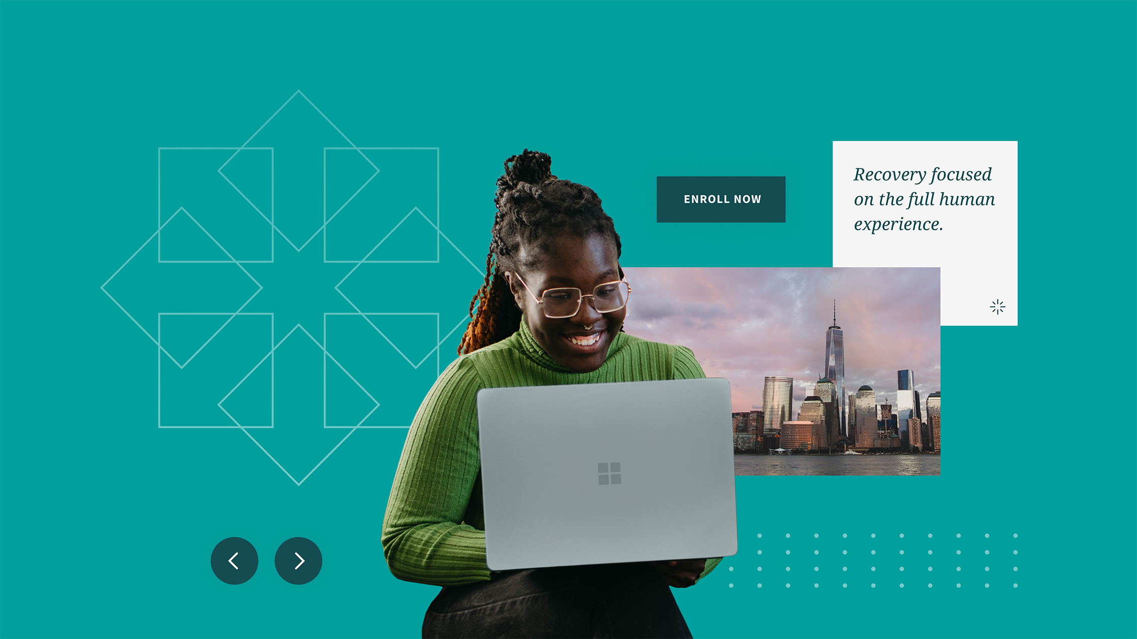 a collage of elements from the website surrounding a student on a computer.