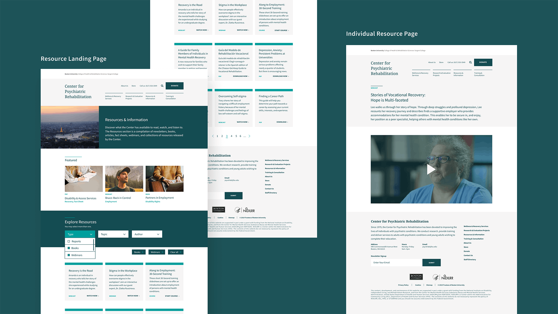 The resources landing page next to an individual resource page with a video on it.