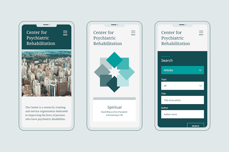 three mobile page designs from the Boston University website