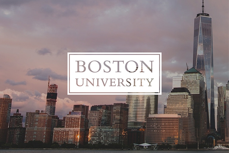 The Boston University logo overlaid on top of a photograph of the Boston city skyline.