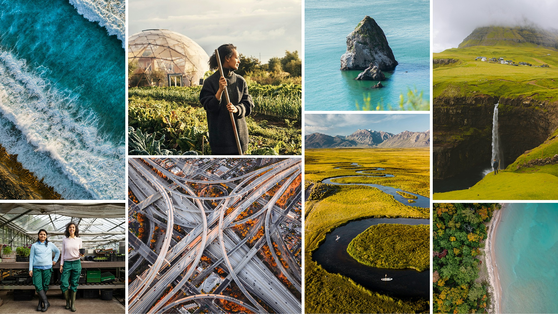 A collage of imagery used on the Third Nature Investments website, include water, land, lush green backdrops, highway traffic, and farmers.