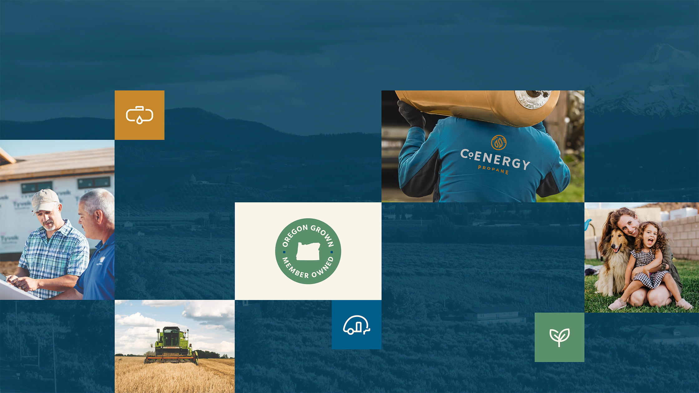 a collage of photographs that represent CoEnergy Propane's values: reliable, dedicated, and warm. The photographs are overlaid on top of an aerial landscape photo of Oregon's Willamette Valley.
