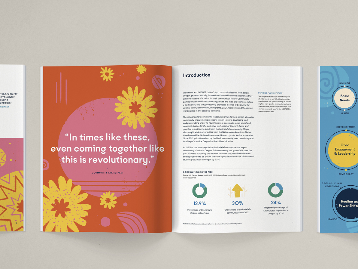 an overhead photograph of three spreads from the report laying on a flat surface.